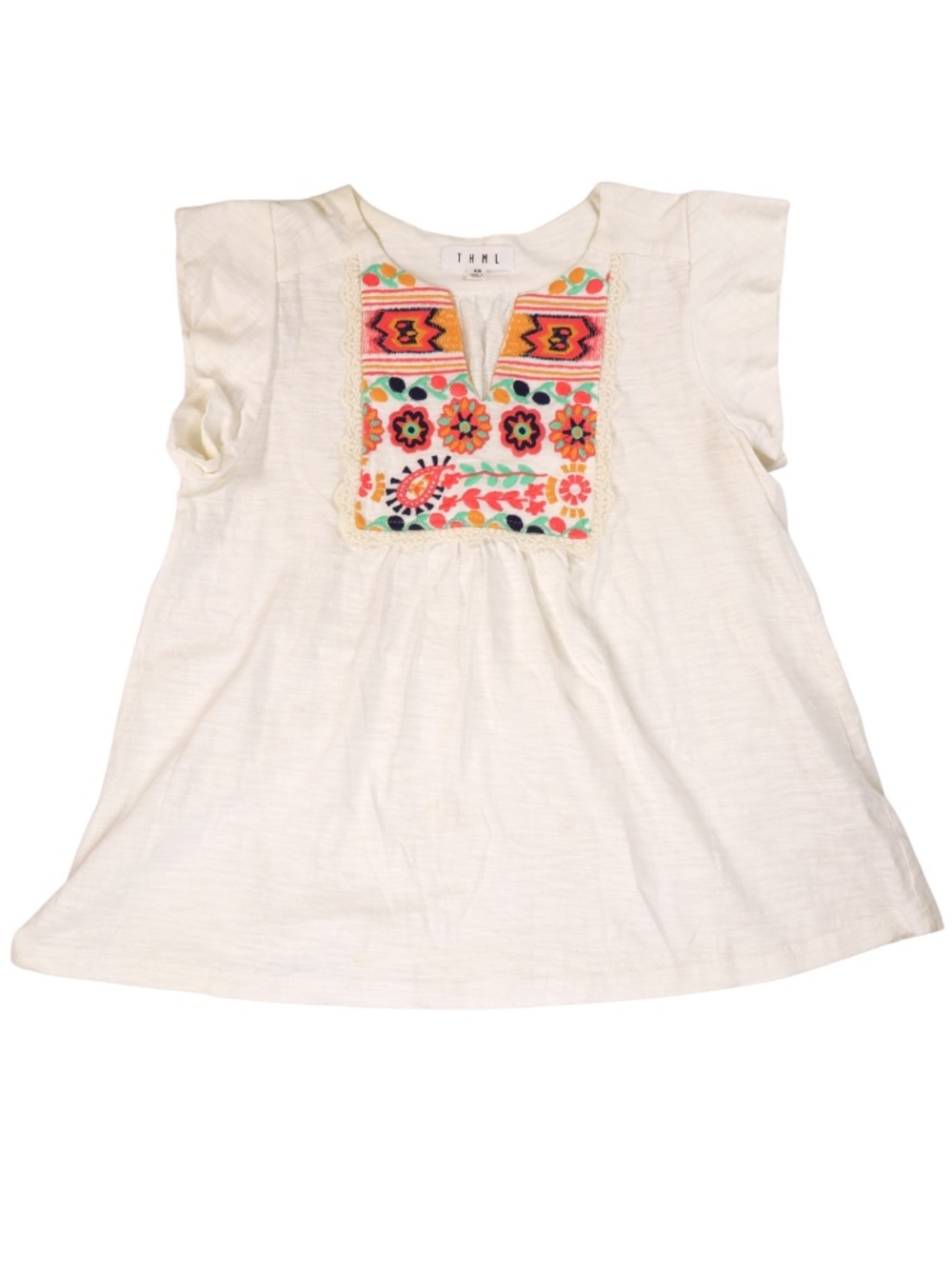 THML Embroidered Boho Top XS Cream Floral Folk Art Cotton Blouse